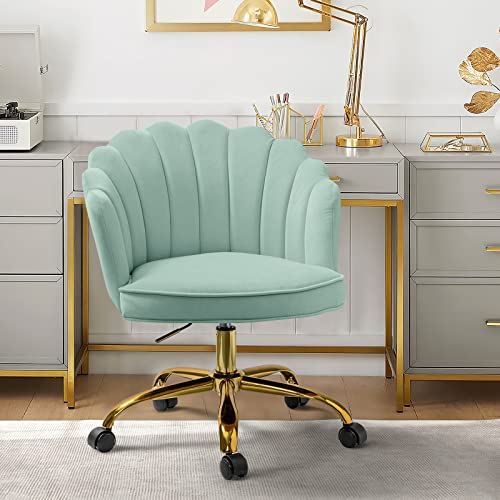 HULALAHOME Velvet Home Office Chair with Gold Base, Womans Modern Cute Shell Back Upholstered Desk Chair for Vanity, Adjustable Swivel Task Chair for Living Room,【SAGE Chair for Desk】