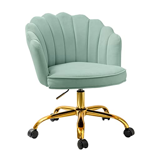 HULALAHOME Velvet Home Office Chair with Gold Base, Womans Modern Cute Shell Back Upholstered Desk Chair for Vanity, Adjustable Swivel Task Chair for Living Room,【SAGE Chair for Desk】