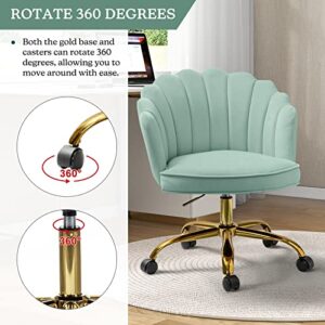 HULALAHOME Velvet Home Office Chair with Gold Base, Womans Modern Cute Shell Back Upholstered Desk Chair for Vanity, Adjustable Swivel Task Chair for Living Room,【SAGE Chair for Desk】