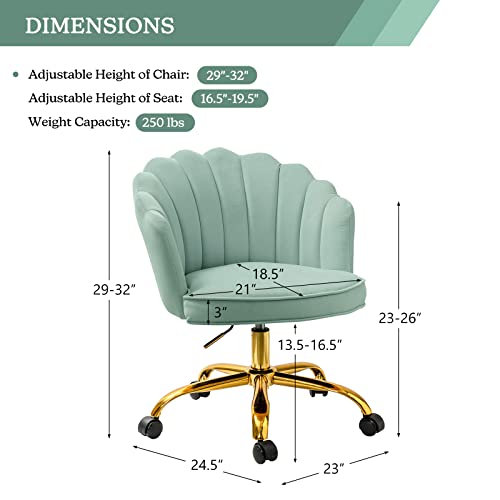 HULALAHOME Velvet Home Office Chair with Gold Base, Womans Modern Cute Shell Back Upholstered Desk Chair for Vanity, Adjustable Swivel Task Chair for Living Room,【SAGE Chair for Desk】