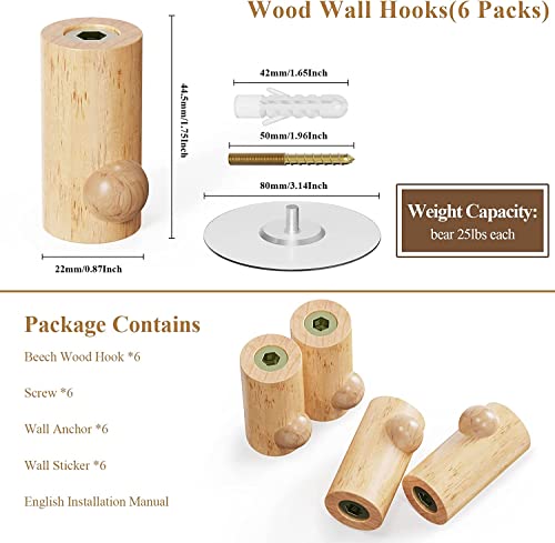 FDNVKTT Natural Wood Wall Hooks - 6 Packs - Adhesive Wooden Coat Hook Pegs - Modern Wood Pegs for Hanging - Decorative Wooden Pegs for Hanging Towel, Hat, Purse, Plant (Beech Wood)