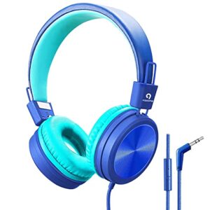 ADOOPE Kids Headphones Wired Kids Headphones for School/Travel/Home, Kindle, Mac, Tablet, iPad, 3.5mm Headphone Jack, Blue Kids Headphones with Microphone