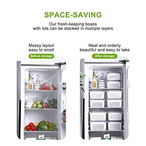 6 Pack Produce Saver Storage Containers , 3 fresh-keeping boxes + 3 drain baskets Multifunctional Draining Crisper with Strainers, Keep Vegetables Fresh ,Fresh Vegetable Fruit Storage Containers ,