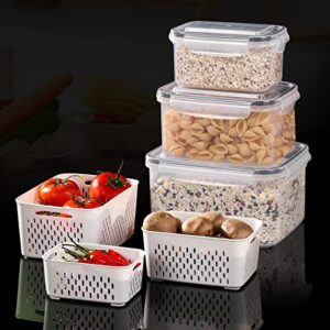 6 Pack Produce Saver Storage Containers , 3 fresh-keeping boxes + 3 drain baskets Multifunctional Draining Crisper with Strainers, Keep Vegetables Fresh ,Fresh Vegetable Fruit Storage Containers ,