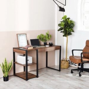 computer desk home office writing pc workstation with 2 tier shelves storage brown modern contemporary rectangular metal wood finish