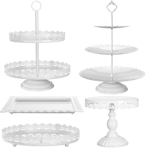 ALEDO White Cake Stand 5 Pcs, Dessert Table Display Set Metal Antique-inspired with Cake Pop Stand, Cupcake Tower, Treats Candy Station for Wedding Birthday Party Baby Shower Celebration Holiday Décor