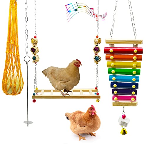 Hamiledyi Chicken Swing for Coop, 4 PCS Colorful Chick Hanging Swing Toys with Xylophone Vegetable String Bag Fruit Skewer, Chicken Coop Accessories for Chicks Macaw Parrots Birds