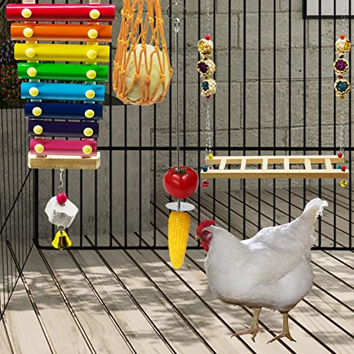 Hamiledyi Chicken Swing for Coop, 4 PCS Colorful Chick Hanging Swing Toys with Xylophone Vegetable String Bag Fruit Skewer, Chicken Coop Accessories for Chicks Macaw Parrots Birds