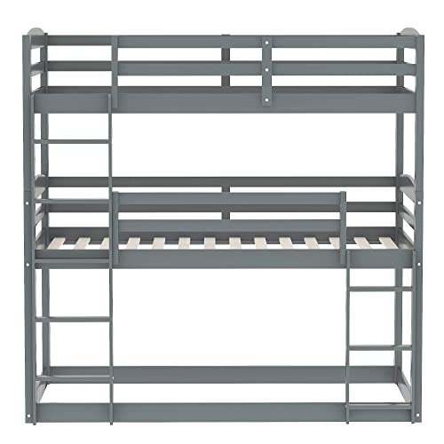 PPHome Twin Over Twin Over Twin Triple Bunk Bed, Bed Frame with Full-Length Guardrail, Space-Saving Design, Built-in Ladder & Solid Slat Support for Kids Teens Bedroom, No Box Spring Needed, Grey