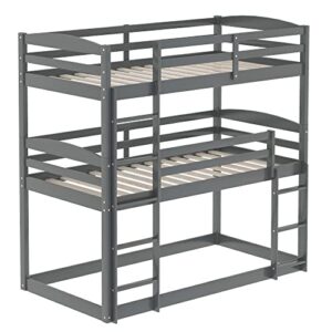 PPHome Twin Over Twin Over Twin Triple Bunk Bed, Bed Frame with Full-Length Guardrail, Space-Saving Design, Built-in Ladder & Solid Slat Support for Kids Teens Bedroom, No Box Spring Needed, Grey