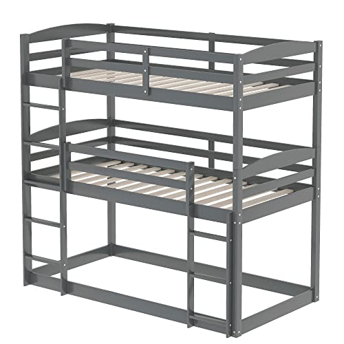 PPHome Twin Over Twin Over Twin Triple Bunk Bed, Bed Frame with Full-Length Guardrail, Space-Saving Design, Built-in Ladder & Solid Slat Support for Kids Teens Bedroom, No Box Spring Needed, Grey