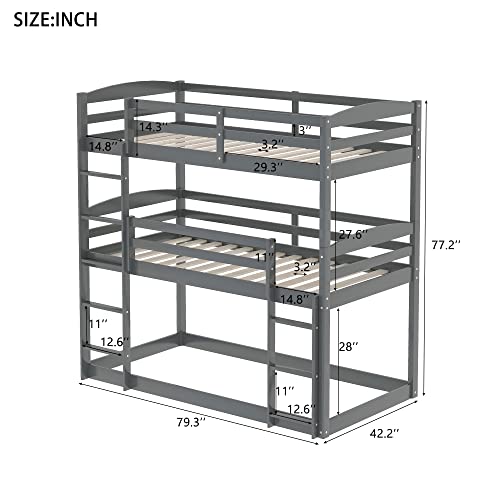 PPHome Twin Over Twin Over Twin Triple Bunk Bed, Bed Frame with Full-Length Guardrail, Space-Saving Design, Built-in Ladder & Solid Slat Support for Kids Teens Bedroom, No Box Spring Needed, Grey