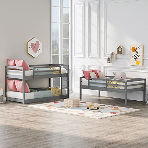 PPHome Twin Over Twin Over Twin Triple Bunk Bed, Bed Frame with Full-Length Guardrail, Space-Saving Design, Built-in Ladder & Solid Slat Support for Kids Teens Bedroom, No Box Spring Needed, Grey