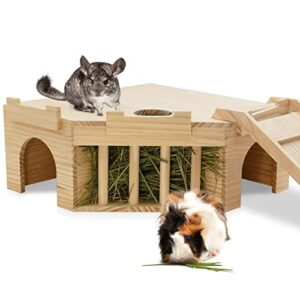 fhiny guinea pig wooden castle with hay holder, ventilated chinchilla hideout with feeding bowl ladder, small animal multi chamber hideaway for young guinea pigs chinchillas hedgehogs