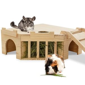 Fhiny Guinea Pig Wooden Castle with Hay Holder, Ventilated Chinchilla Hideout with Feeding Bowl Ladder, Small Animal Multi Chamber Hideaway for Young Guinea Pigs Chinchillas Hedgehogs