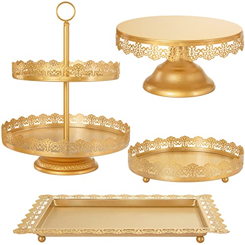 ALEDO Gold Cake Stand 4 Pcs, Dessert Table Display Set Metal Antique-Inspired with Cake Pop Stand, Cupcake Tower, Treats Candy Station for Wedding Birthday Party Baby Shower Celebration Holiday Décor