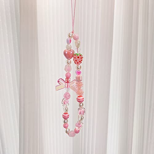 Showkanbay Phone Charms Strap,Pink Cute, Aesthetic Love Phone Chain Girl, Pearl Beaded Phone Lanyard Jewelry(strawberry)