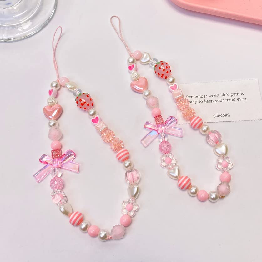 Showkanbay Phone Charms Strap,Pink Cute, Aesthetic Love Phone Chain Girl, Pearl Beaded Phone Lanyard Jewelry(strawberry)