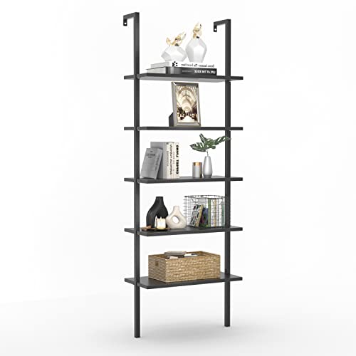 Furmax 5-Shelf Bookcase Wall Mount Bookshelf Modern Ladder Shelves with Wood Board and Industrial Metal Frame, for Home Office, Living Room, Bedroom, Entryway and Hallway (Black)