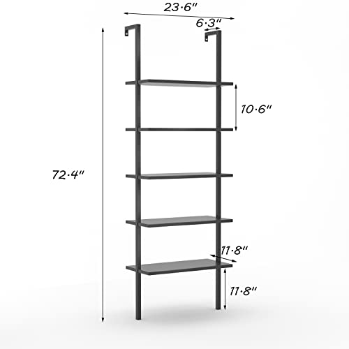 Furmax 5-Shelf Bookcase Wall Mount Bookshelf Modern Ladder Shelves with Wood Board and Industrial Metal Frame, for Home Office, Living Room, Bedroom, Entryway and Hallway (Black)