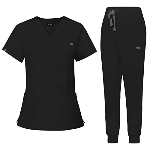 VIAOLI Scrubs for Women Set Scrub Top &Jogger Pant Workwear Clinical Modern Athletic Suit Fitted Medical Uniforms (10 Pockets) (Black,S,Small)