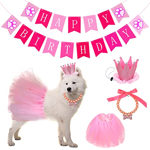 DLLY Dog Birthday Party Supplies with Birthday Banner Pull Flag, Crown Cap, Pearl Necklace, Pet Tutu Skirt, Suitable for Small and Medium Dogs, Cats Cute Birthday Outfit (Pink)