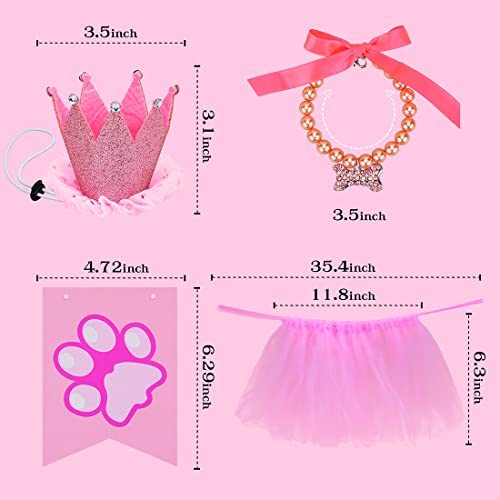 DLLY Dog Birthday Party Supplies with Birthday Banner Pull Flag, Crown Cap, Pearl Necklace, Pet Tutu Skirt, Suitable for Small and Medium Dogs, Cats Cute Birthday Outfit (Pink)