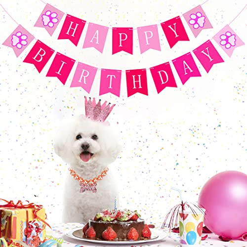 DLLY Dog Birthday Party Supplies with Birthday Banner Pull Flag, Crown Cap, Pearl Necklace, Pet Tutu Skirt, Suitable for Small and Medium Dogs, Cats Cute Birthday Outfit (Pink)