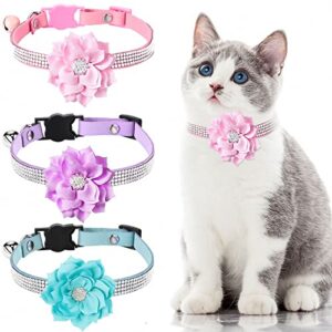 3 pcs rhinestone cat collars for girl cats bling kitten and flower adjustable breakaway collar with bell soft velvet shine collar for small dogs puppy (pink, blue, purple, flower style)