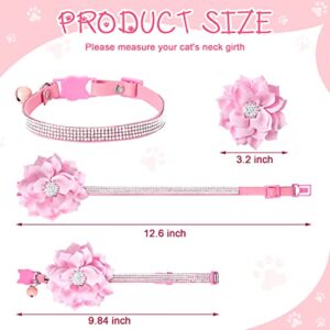 3 Pcs Rhinestone Cat Collars for Girl Cats Bling Kitten and Flower Adjustable Breakaway Collar with Bell Soft Velvet Shine Collar for Small Dogs Puppy (Pink, Blue, Purple, Flower Style)