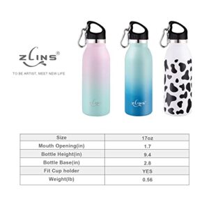 ZLINS Stainless Steel Vacuum Insulated 17oz Water Bottle Leak-Proof Carabiner Clip- Reusable Double Walled Metal Thermos - Sports Flask Great for Travel, Hiking, Camping - Cow Print