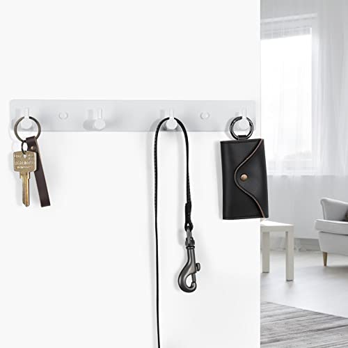 Lwenki 2PCS Key Holder for Wall, Black Key Rack with 4 Key Hooks to Hang Keyrings, Dog Leash, Umbrella, Sunglasses – Key Hanger with Mounting Hardware for Glass, Tile and Wood (10.9” x 1.4”) (White)