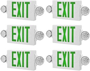 jw lighting led exit signs with emergency lights, double sided adjustable led emergency combo light with backup battery, hard wired, commercial grade, 120-277v, fire resistant (ul 924) green 6 pack