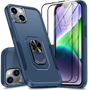 oterkin for iphone 14 case,iphone 14 phone case with[2x9h glass screen protector][360°rotatable ring kickstand],military grade dropproof shockproof phone case for iphone 14 5g 2022-blue