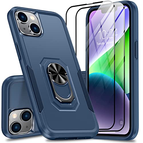 Oterkin for iPhone 14 Case,iPhone 14 Phone Case with[2x9H Glass Screen Protector][360°Rotatable Ring Kickstand],Military Grade Dropproof Shockproof Phone Case for iPhone 14 5G 2022-Blue