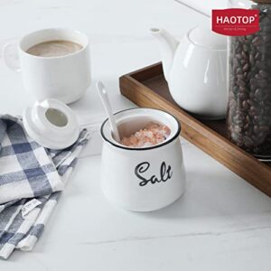 HAOTOP Farmhouse Porcelain Salt Bowl with Lid and Spoon 12oz,Easy to Clean (White)