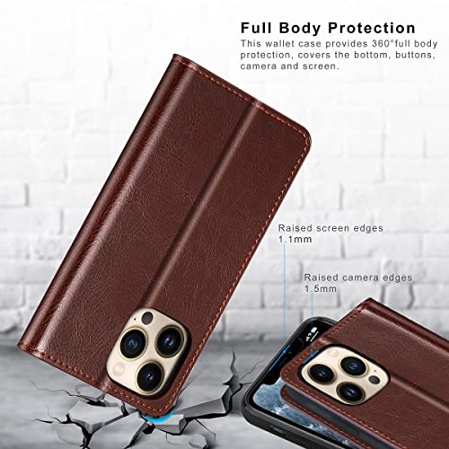 Belemay Case for iPhone 14 Pro Max Case Wallet-Genuine Leather Flip Phone Case-RFID Blocking Card Holders-Shockproof TPU Shell Folio Cover Women Men Compatible with iPhone 14 Pro Max (6.7-inch) Brown