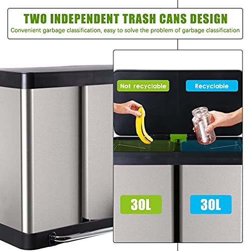 Kitchen Trash Can 16 Gallon/ 60L, 13Gallon/50L, 10Gallon/40L Stainless Steel Trash Can with Lid & Removeable Barrel, High-Capacity Step Garbage Can Classified Recycle Rubbish Bin for Bathroom Bedroom Home Office