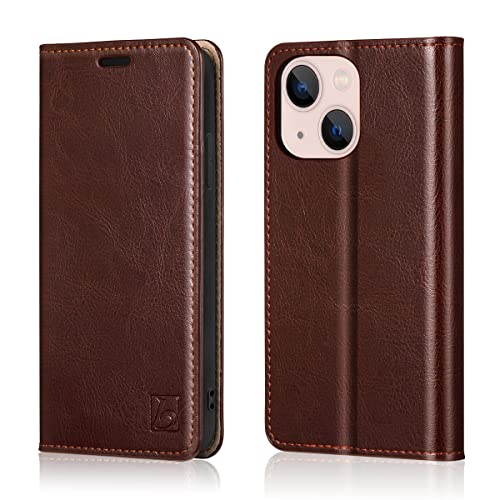 Belemay iPhone 14 Wallet Case - Genuine Leather Flip Cover with RFID Blocking, Shockproof TPU Shell, & Card Holders - Brown (6.1-inch)