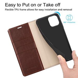 Belemay iPhone 14 Wallet Case - Genuine Leather Flip Cover with RFID Blocking, Shockproof TPU Shell, & Card Holders - Brown (6.1-inch)