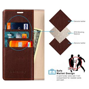 Belemay iPhone 14 Wallet Case - Genuine Leather Flip Cover with RFID Blocking, Shockproof TPU Shell, & Card Holders - Brown (6.1-inch)