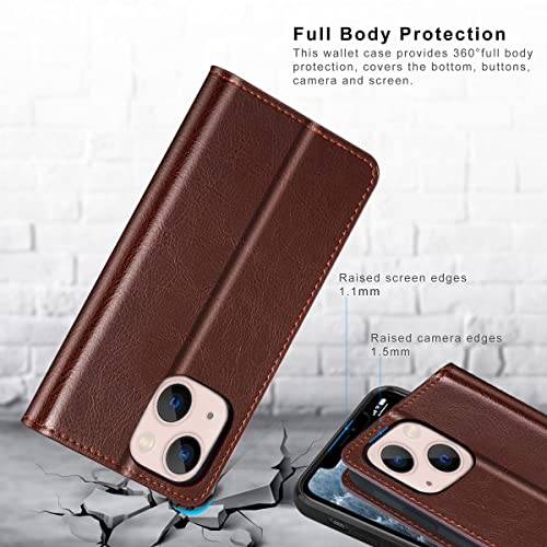 Belemay iPhone 14 Wallet Case - Genuine Leather Flip Cover with RFID Blocking, Shockproof TPU Shell, & Card Holders - Brown (6.1-inch)