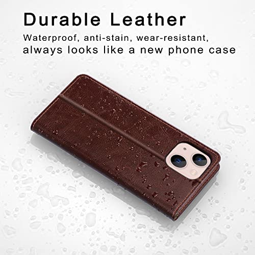 Belemay iPhone 14 Wallet Case - Genuine Leather Flip Cover with RFID Blocking, Shockproof TPU Shell, & Card Holders - Brown (6.1-inch)