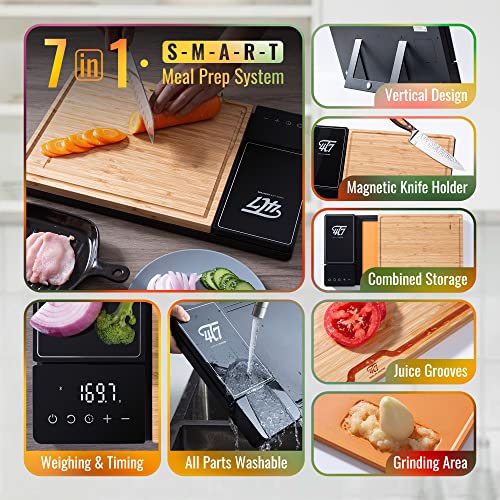 4T7 Smart Meal Prep System, Smart Cutting Board Set, Bamboo and Wheat Straw Chopping Boards, Weigh, Timer, App Calorie Counter, Juice Grooves, Health Management, Best Gift, The Smart Food Prep Station