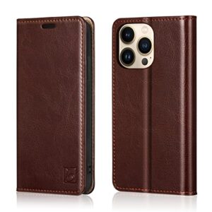 belemay case for iphone 14 pro wallet case-genuine leather flip phone case-rfid blocking card holders-shockproof tpu shell folio book cover women men compatible with iphone 14 pro (6.1-inch) brown