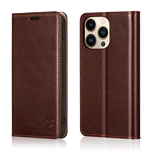 Belemay Case for iPhone 14 Pro Wallet Case-Genuine Leather Flip Phone Case-RFID Blocking Card Holders-Shockproof TPU Shell Folio Book Cover Women Men Compatible with iPhone 14 Pro (6.1-inch) Brown