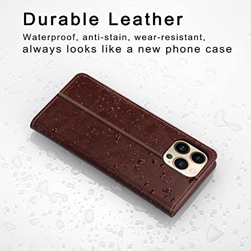 Belemay Case for iPhone 14 Pro Wallet Case-Genuine Leather Flip Phone Case-RFID Blocking Card Holders-Shockproof TPU Shell Folio Book Cover Women Men Compatible with iPhone 14 Pro (6.1-inch) Brown