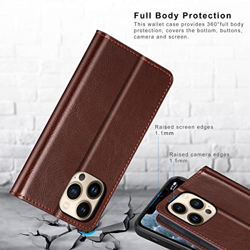 Belemay Case for iPhone 14 Pro Wallet Case-Genuine Leather Flip Phone Case-RFID Blocking Card Holders-Shockproof TPU Shell Folio Book Cover Women Men Compatible with iPhone 14 Pro (6.1-inch) Brown
