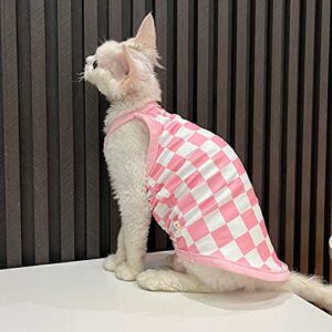 Sphynx Cat Clothes Summer Ice Silk Vest Vintage Plaid Camis Ultra Thin Breathable Lightweight Kitten Apparel Pet Clothes for Cat (XXL(11-15lbs), Pink Plaid)