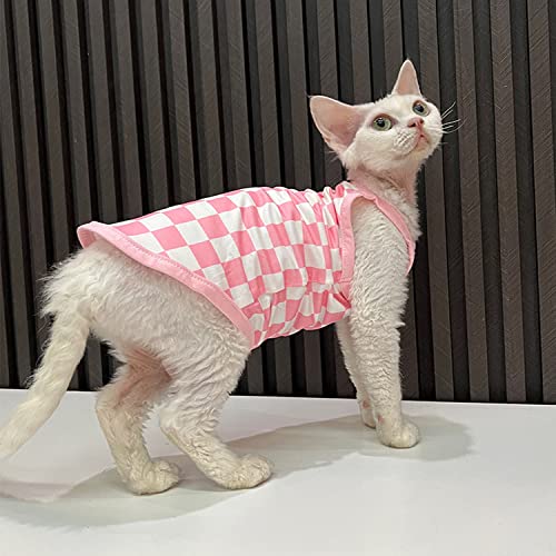 Sphynx Cat Clothes Summer Ice Silk Vest Vintage Plaid Camis Ultra Thin Breathable Lightweight Kitten Apparel Pet Clothes for Cat (XXL(11-15lbs), Pink Plaid)